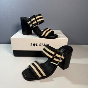 Sol Sana Silvia SS Mule Women 36 Black Stripe Jute Block Heel Buckle